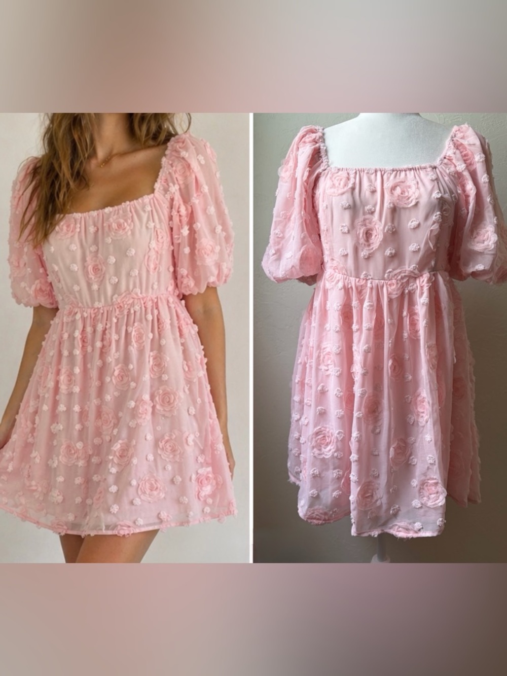 J.NNA Pink 3D Floral Puff Sleeve Babydoll Mini Dress NWT Size Small